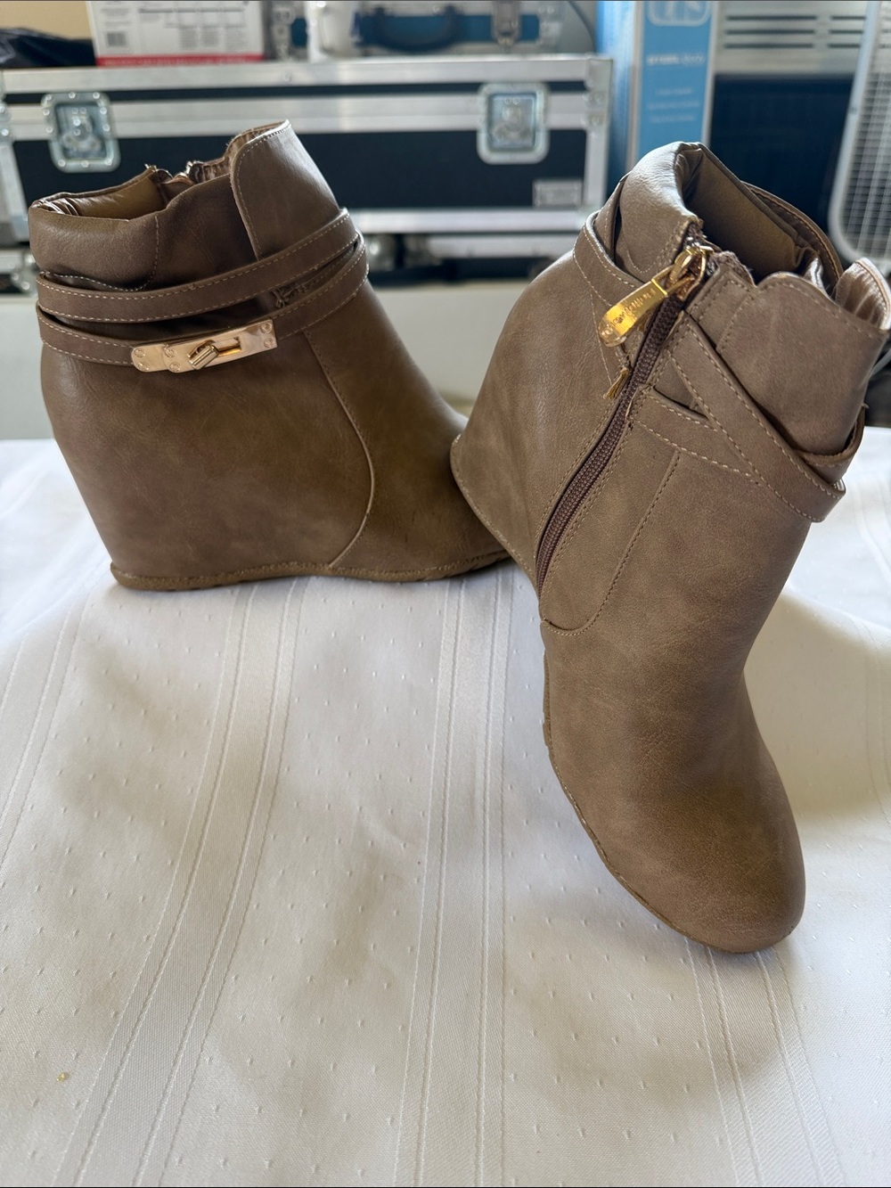 Bella Marie Taupe Wedge Ankle Boots with Gold Accent